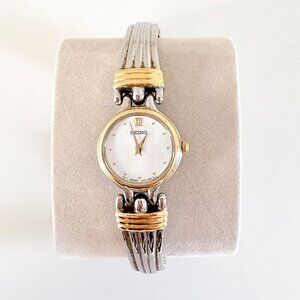 VINTAGE SEIKO JAPAN MOVEMENT WRIST WATCH V400 MIXED METAL GOLD AND SILVER